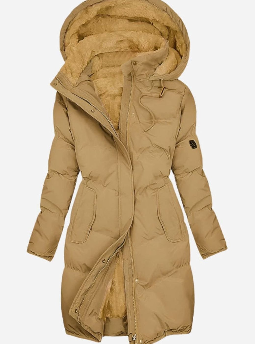 Women's Quilted Fleece-Lined Long Hooded Coat - Yellow