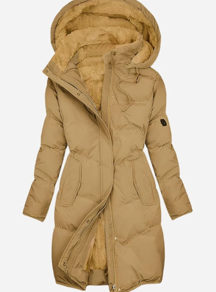 Women's Quilted Fleece-Lined Long Hooded Coat - Yellow
