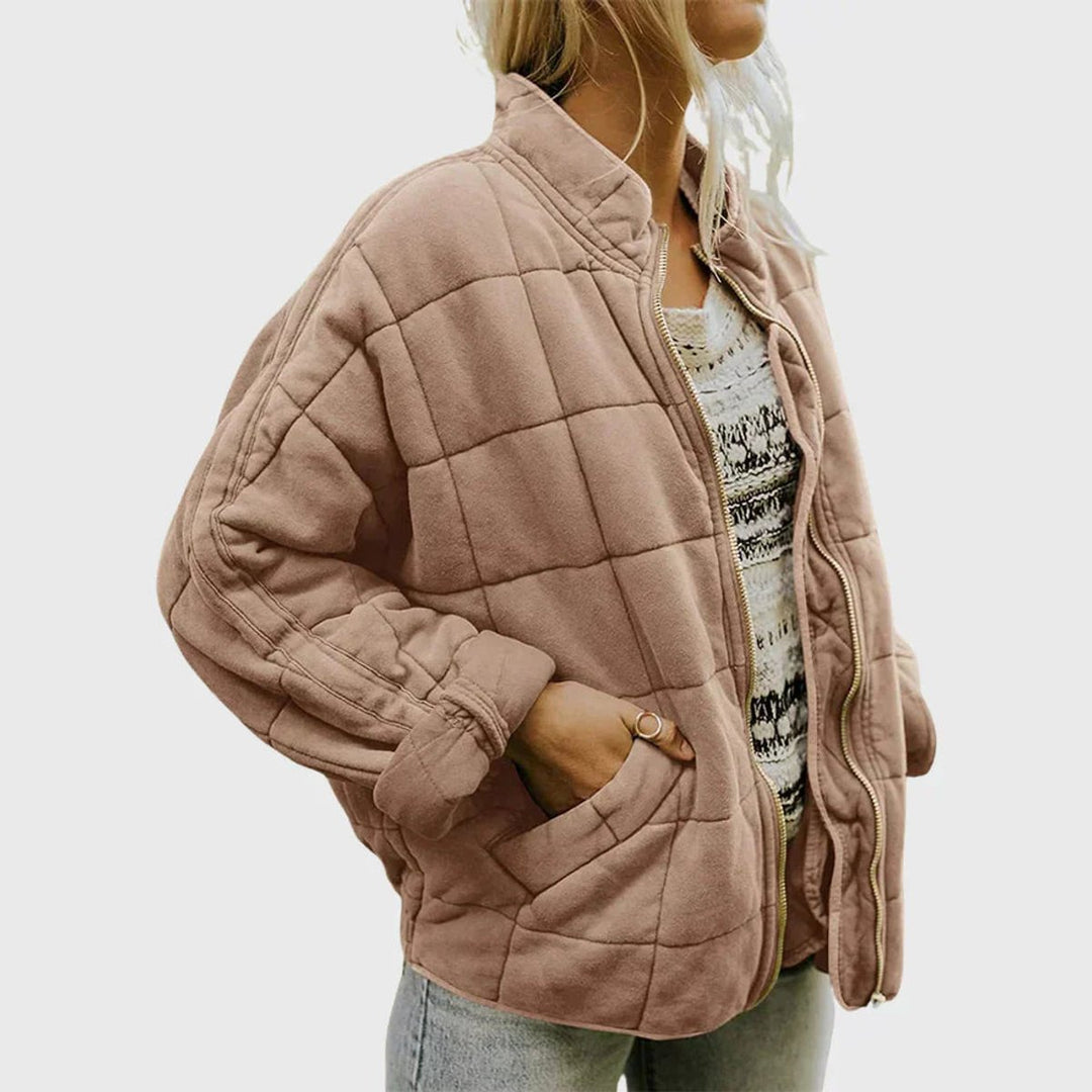 Women's Quilted Jacket Zip-Up Stand-Collar Puffer Coat - Khaki