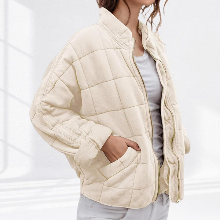 Women's Quilted Jacket Zip-Up Stand-Collar Puffer Coat - Cream
