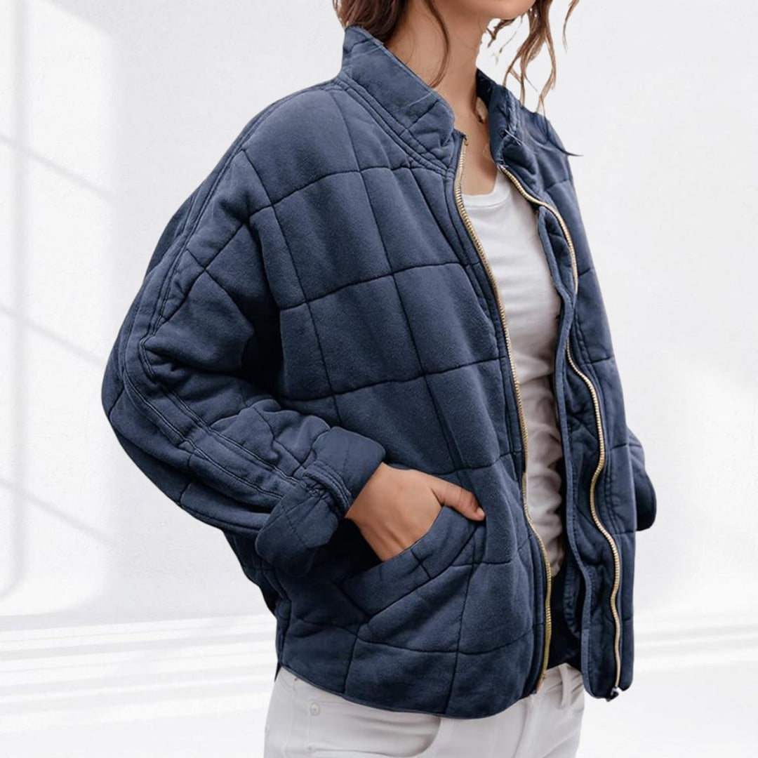 Women's Quilted Jacket Zip-Up Stand-Collar Puffer Coat - Navy Blue
