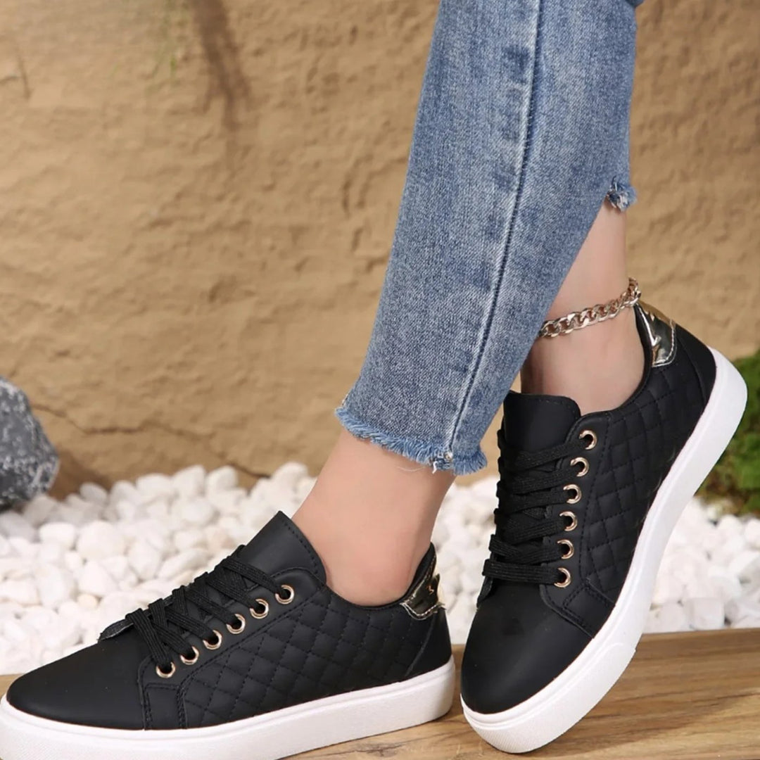 Women's Quilted Lace-Up Orthopedic Shoes Gold-Detail Sneakers - Black
