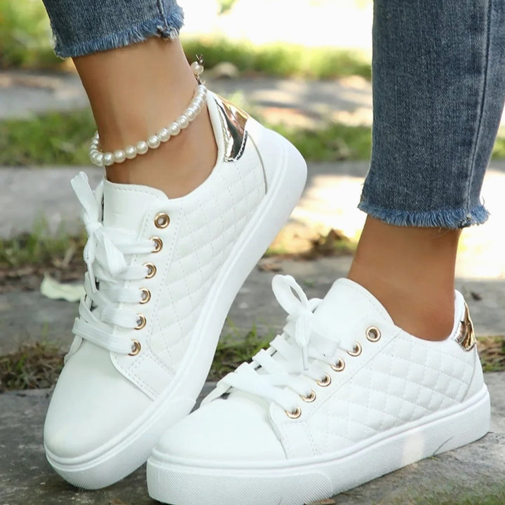 Women's Quilted Lace-Up Orthopedic Shoes Gold-Detail Sneakers - White