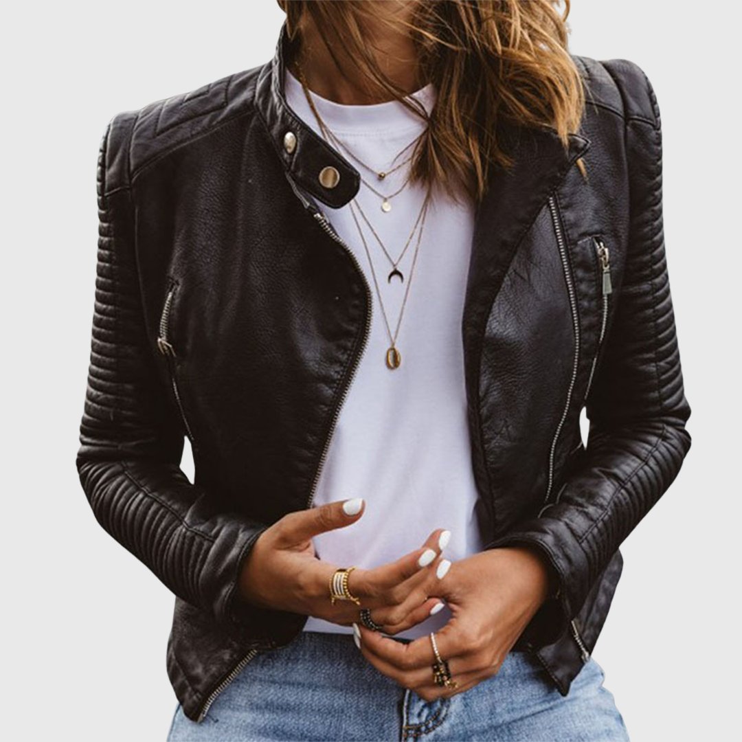 Women's Quilted-Sleeve Zip-Up Moto Leather Jacket