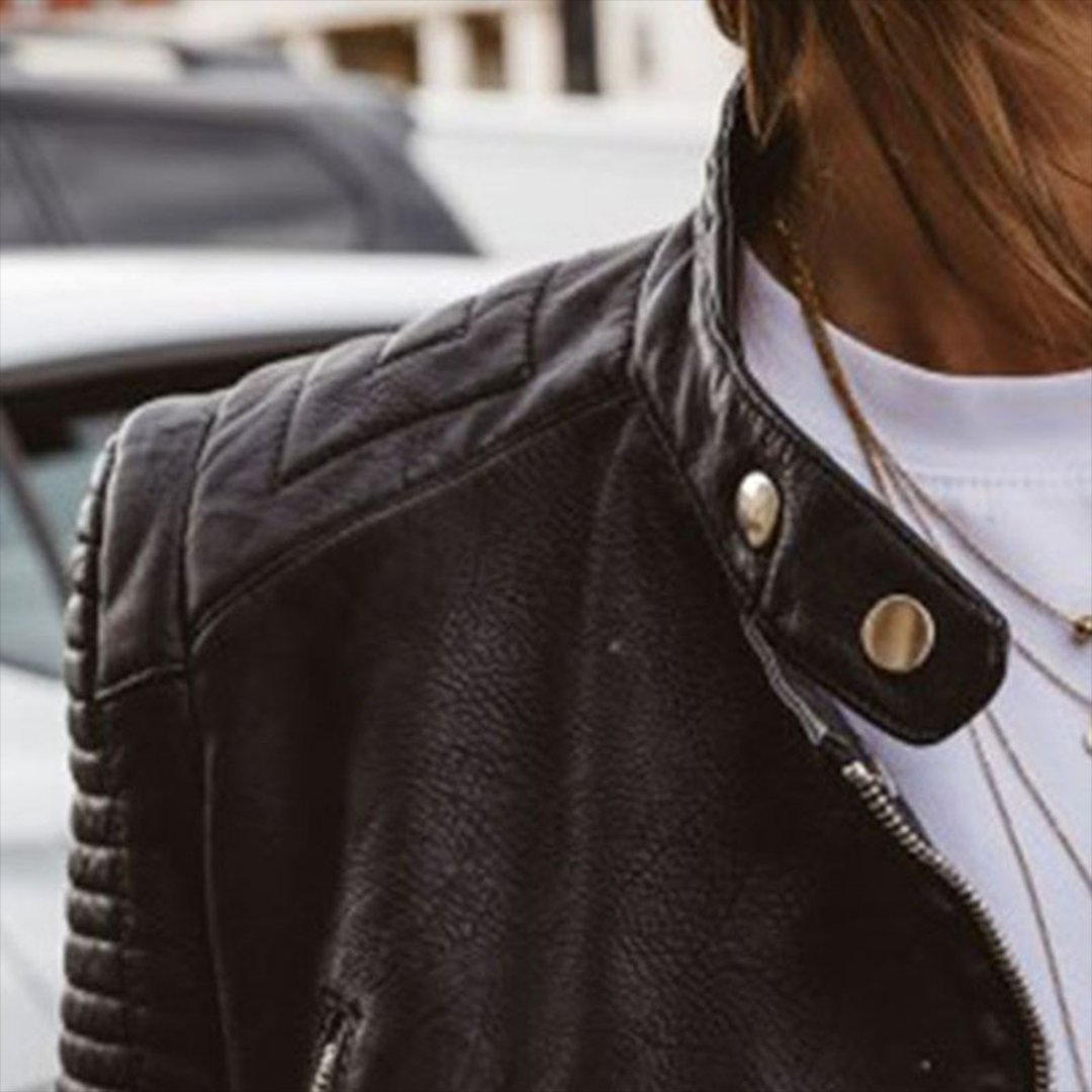 Women's Quilted-Sleeve Zip-Up Moto Leather Jacket