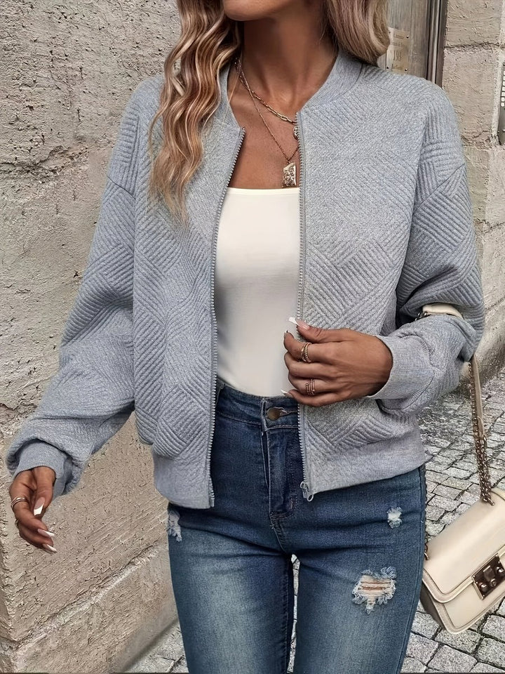 Women's Quilted Zip-Up Bomber Jacket Textured Lightweight - Gray