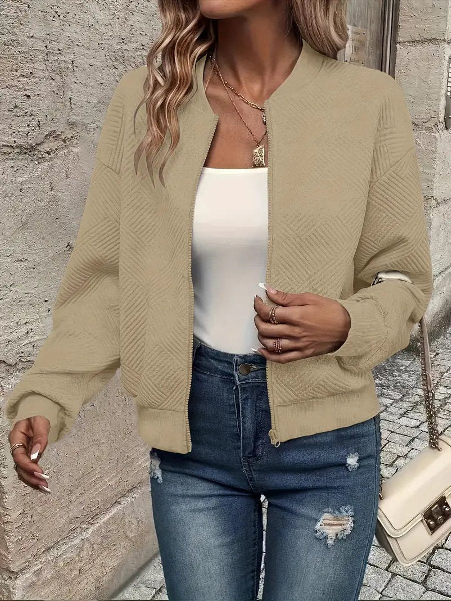 Women's Quilted Zip-Up Bomber Jacket Textured Lightweight - Khaki