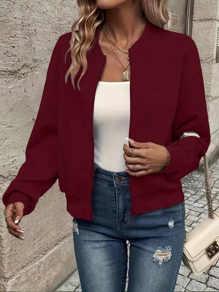 Women's Quilted Zip-Up Bomber Jacket Textured Lightweight - Dark Red