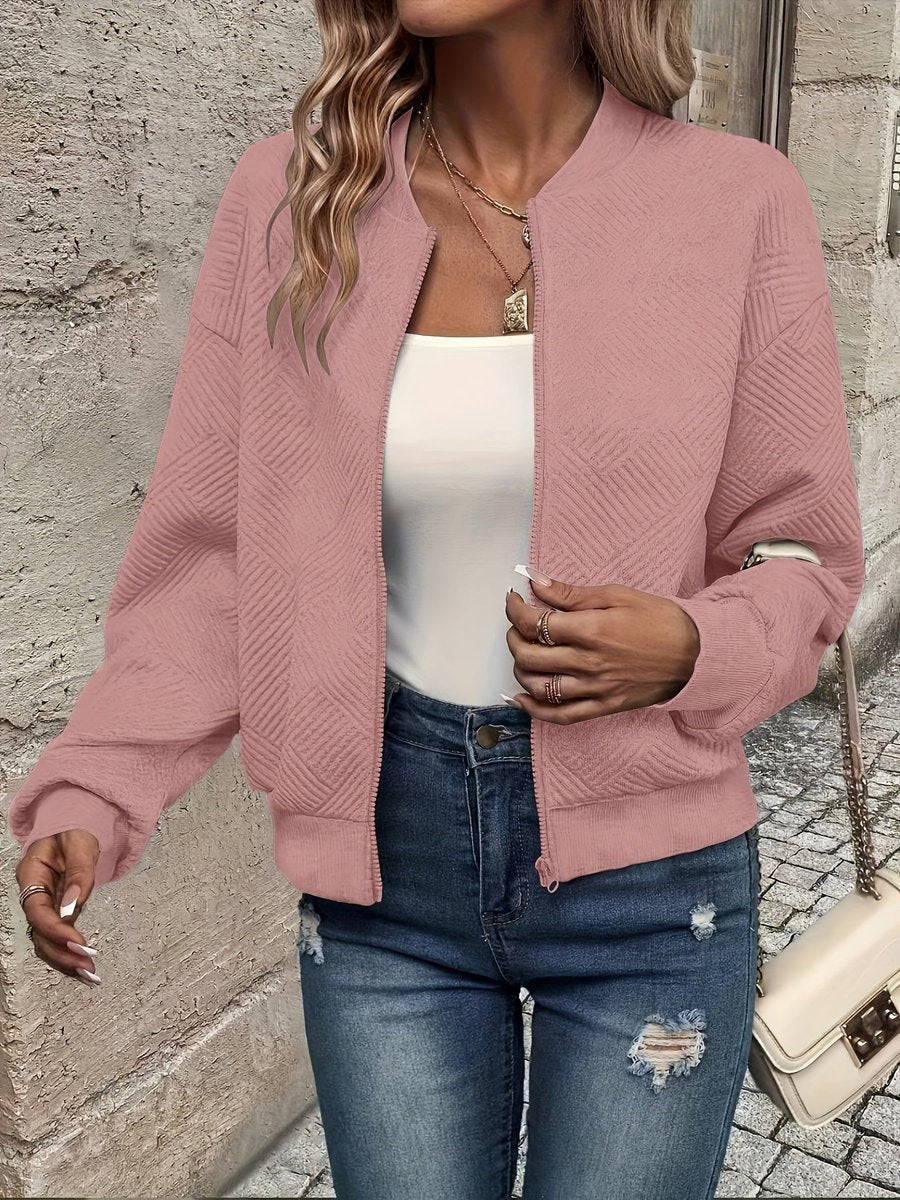 Women's Quilted Zip-Up Bomber Jacket Textured Lightweight - Pink