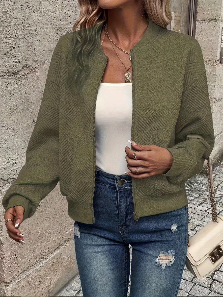 Women's Quilted Zip-Up Bomber Jacket Textured Lightweight - Olive Green