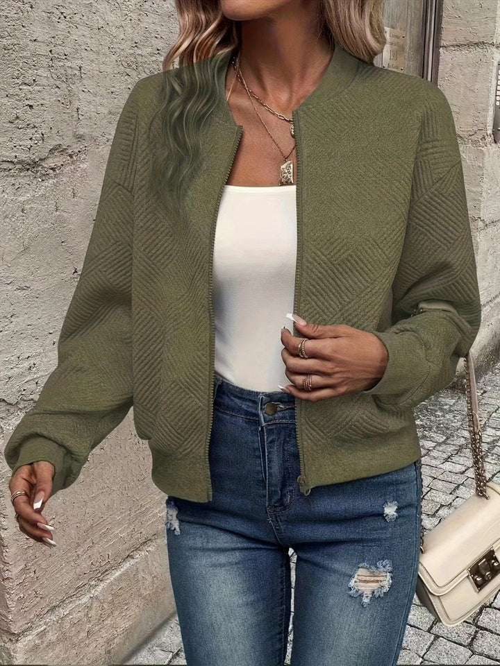 Women's Quilted Zip-Up Bomber Jacket Textured Lightweight - Olive Green