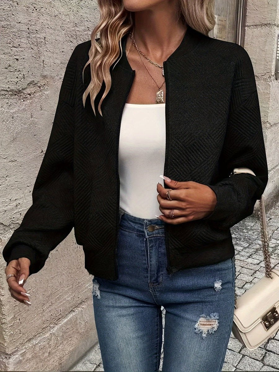 Women's Quilted Zip-Up Bomber Jacket Textured Lightweight - Black