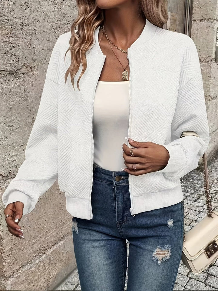 Women's Quilted Zip-Up Bomber Jacket Textured Lightweight - White