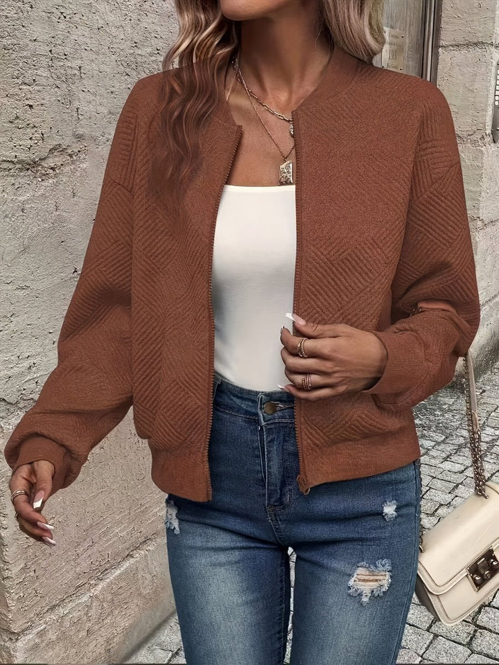 Women's Quilted Zip-Up Bomber Jacket Textured Lightweight - Dark Brown