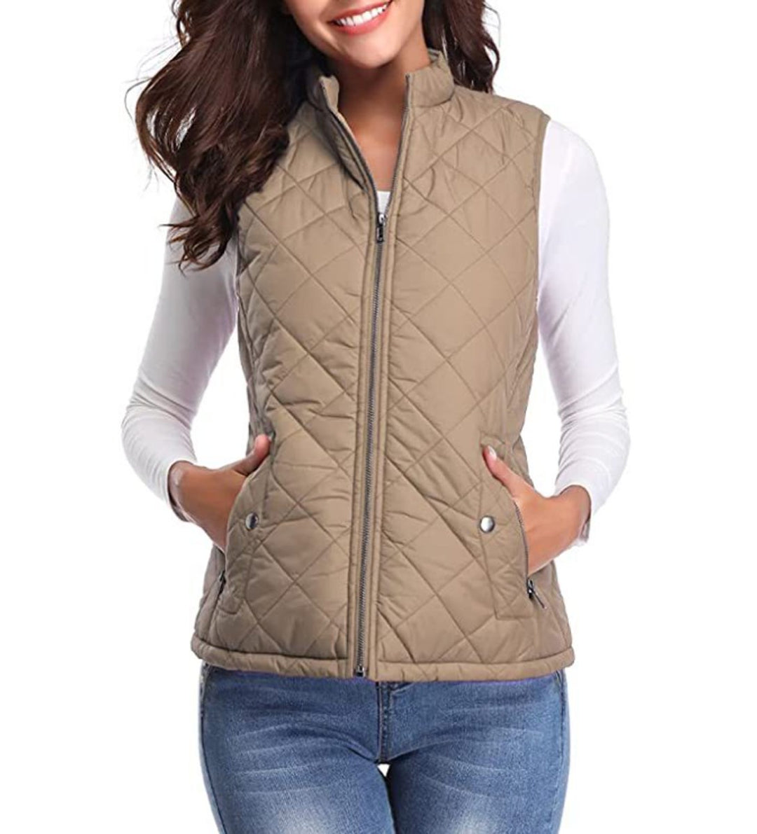 Women's Quilted Zip-Up Lightweight Puffer Vest - Light Mocha