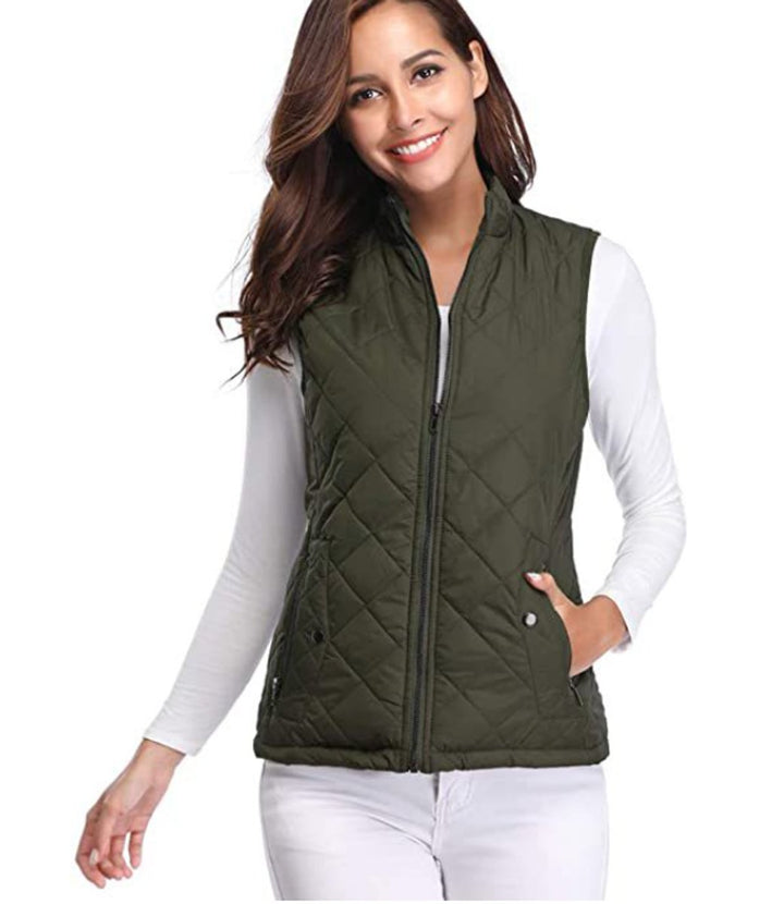 Women's Quilted Zip-Up Lightweight Puffer Vest - Olive Green