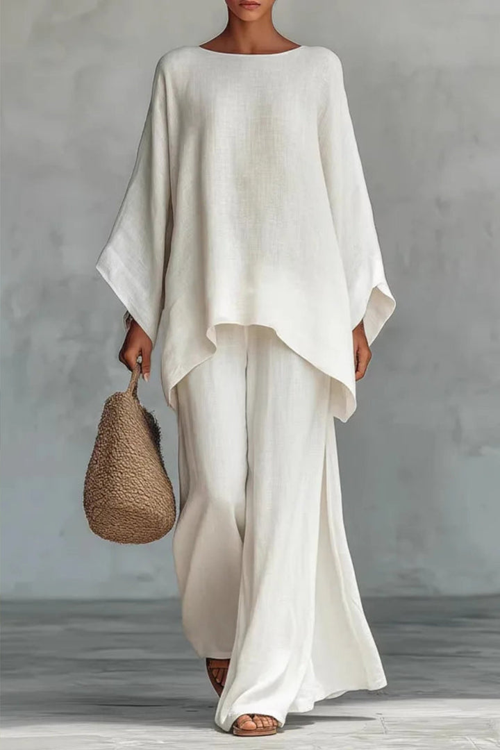 Women's Relaxed Batwing-Sleeve Linen Wide-Leg Pants Two-Piece Set - White
