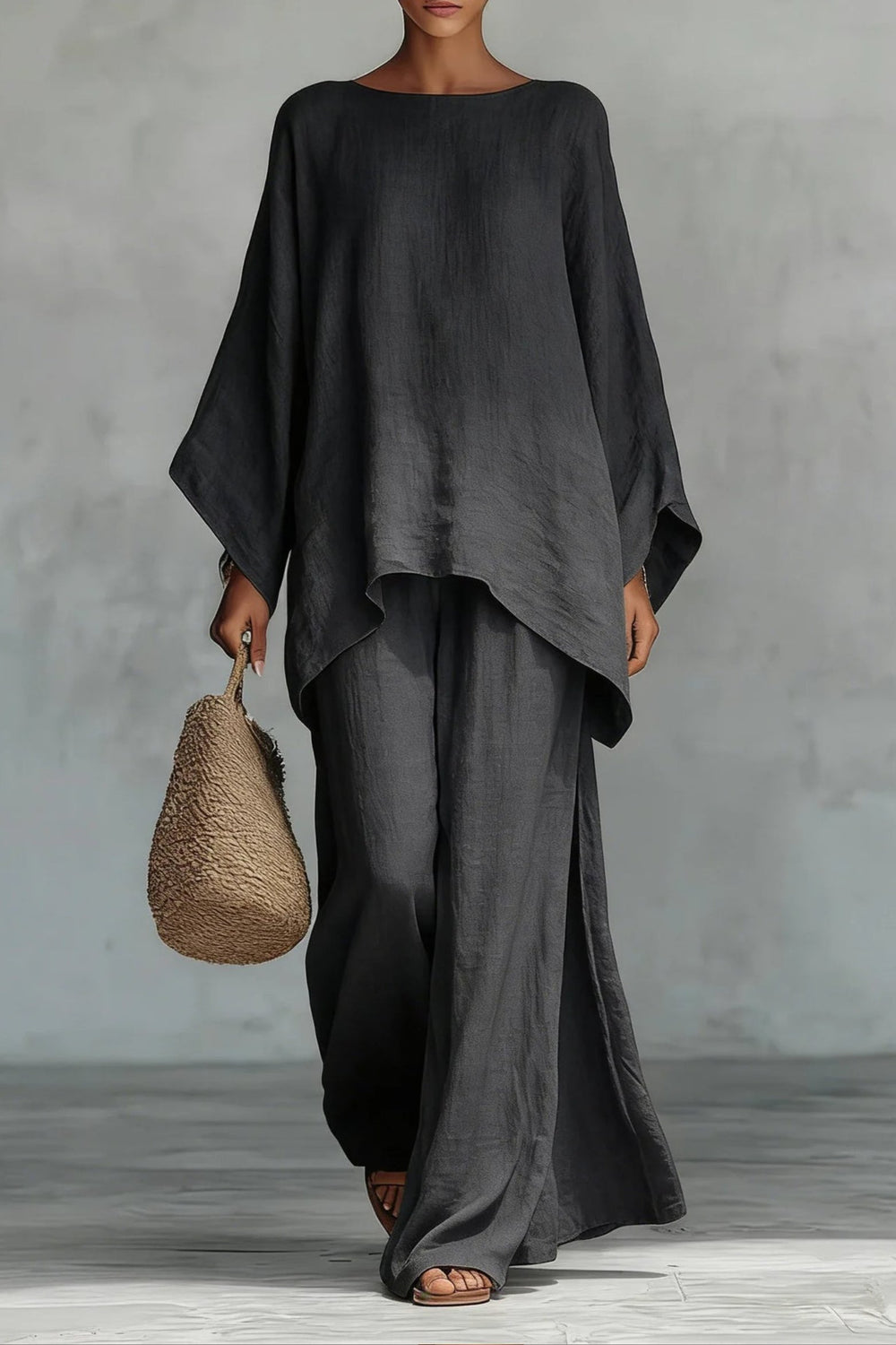 Women's Relaxed Batwing-Sleeve Linen Wide-Leg Pants Two-Piece Set - Dark Grey