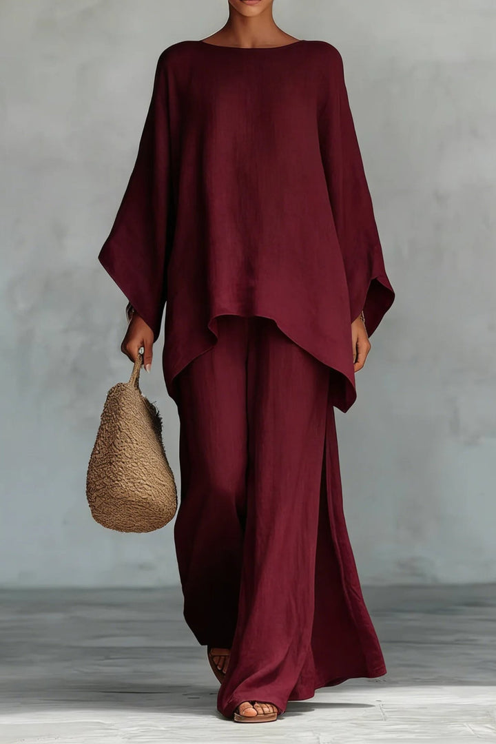 Women's Relaxed Batwing-Sleeve Linen Wide-Leg Pants Two-Piece Set - Burgundy