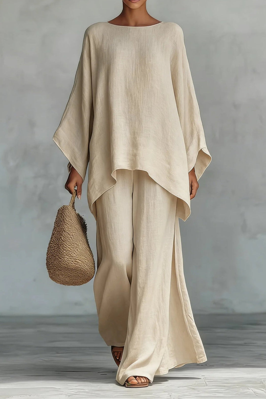Women's Relaxed Batwing-Sleeve Linen Wide-Leg Pants Two-Piece Set - Khaki