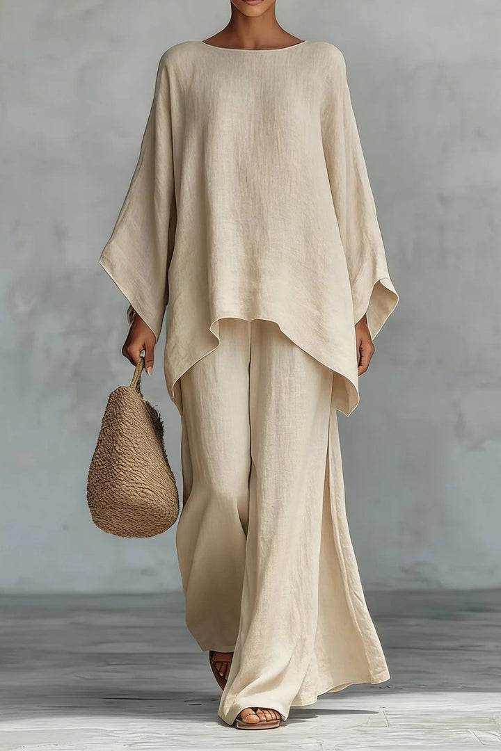 Women's Relaxed Batwing-Sleeve Linen Wide-Leg Pants Two-Piece Set - Khaki