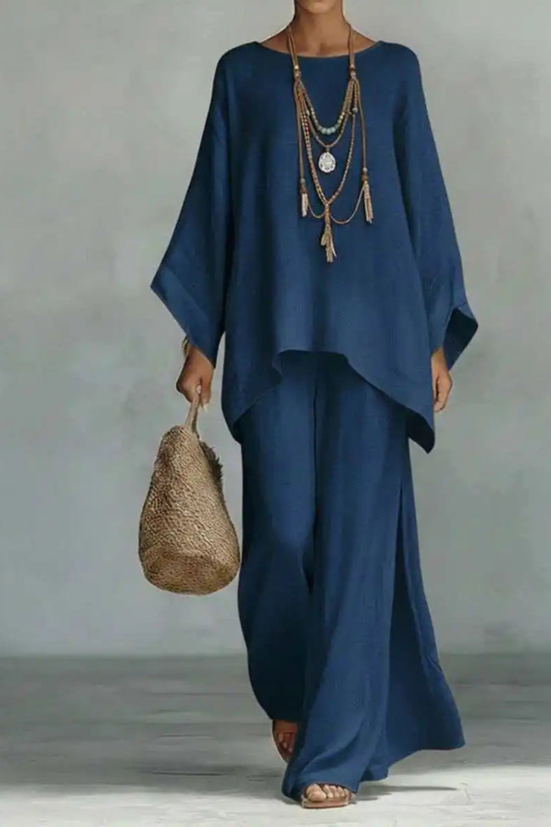 Women's Relaxed Batwing-Sleeve Linen Wide-Leg Pants Two-Piece Set - Navy