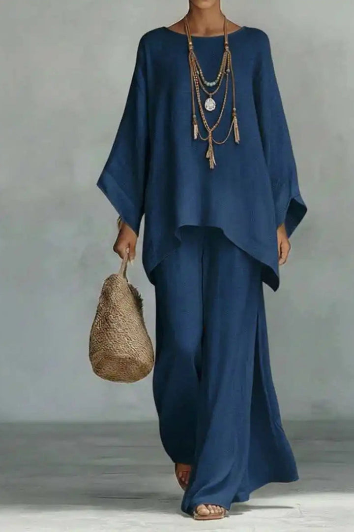 Women's Relaxed Batwing-Sleeve Linen Wide-Leg Pants Two-Piece Set - Navy