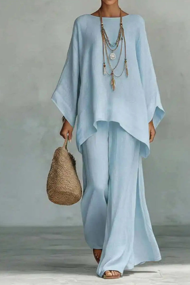 Women's Relaxed Batwing-Sleeve Linen Wide-Leg Pants Two-Piece Set - Light Blue