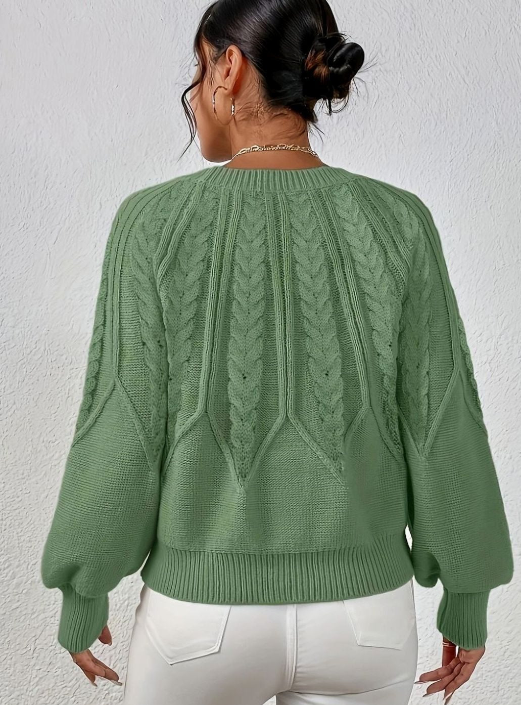 Women's Relaxed Cable-Knit Lantern Sleeve Pullover Sweater