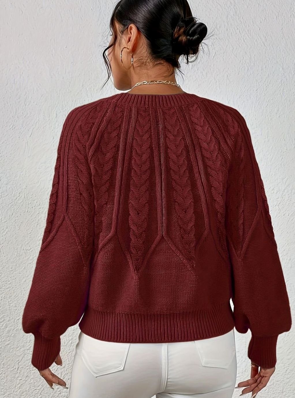 Women's Relaxed Cable-Knit Lantern Sleeve Pullover Sweater