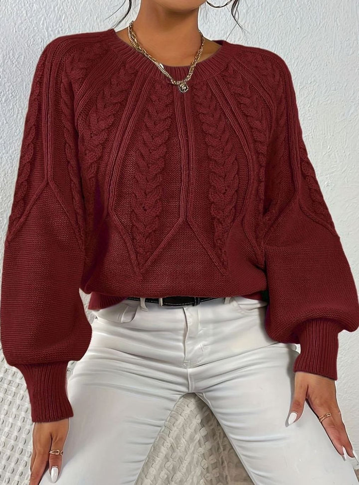 Women's Relaxed Cable-Knit Lantern Sleeve Pullover Sweater