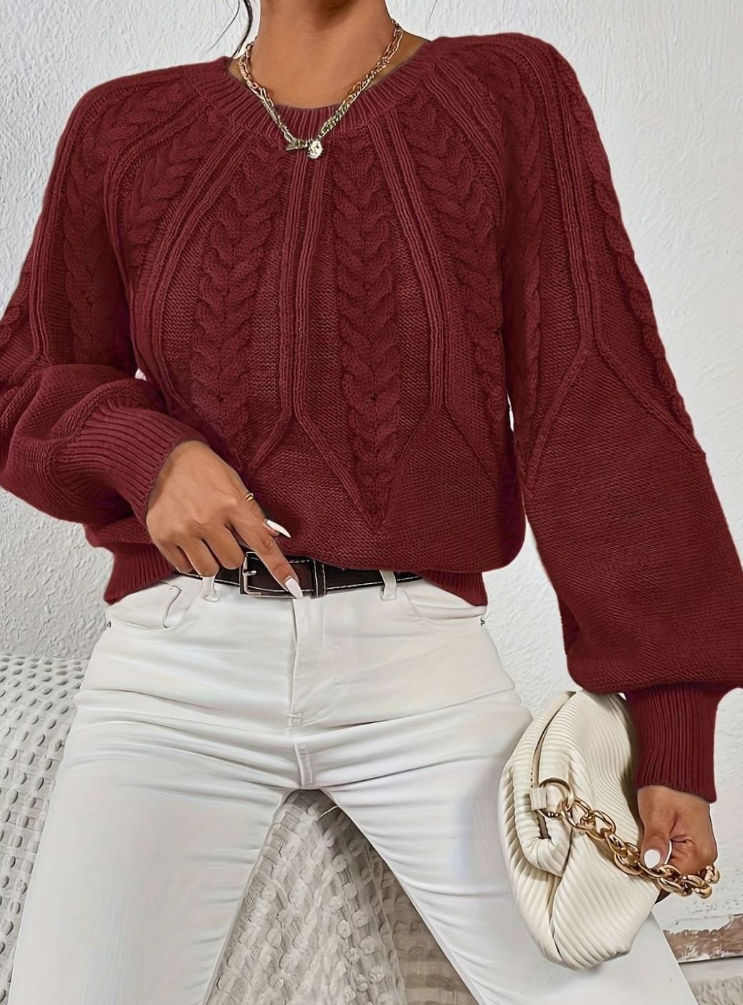 Women's Relaxed Cable-Knit Lantern Sleeve Pullover Sweater