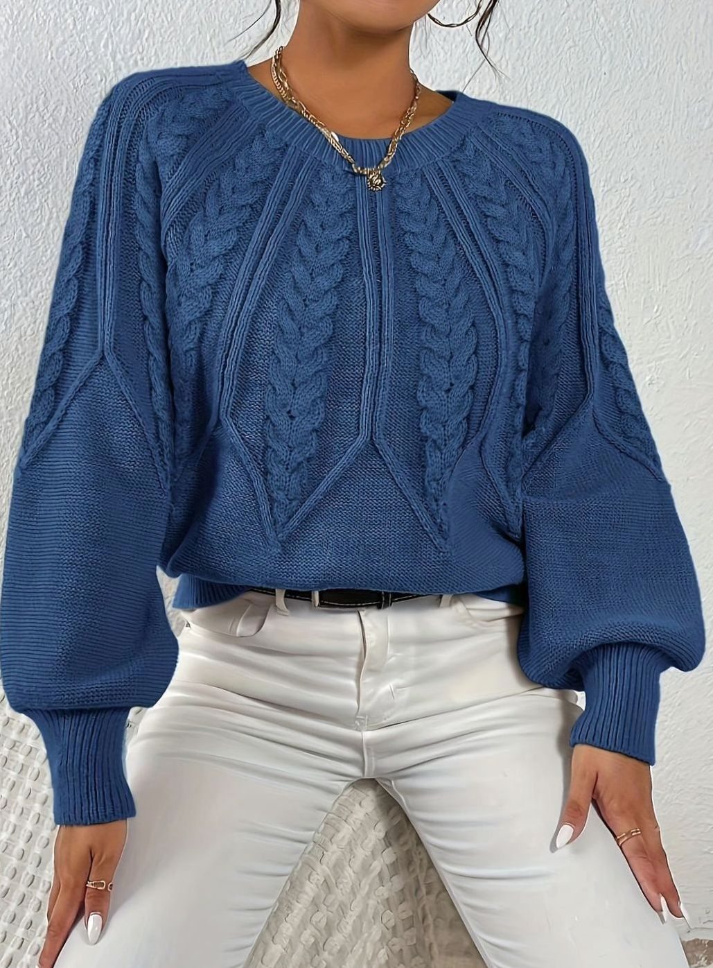 Women's Relaxed Cable-Knit Lantern Sleeve Pullover Sweater