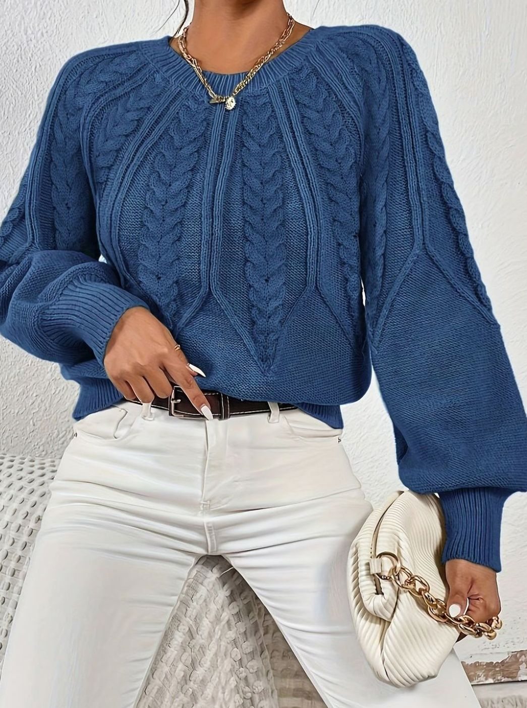 Women's Relaxed Cable-Knit Lantern Sleeve Pullover Sweater