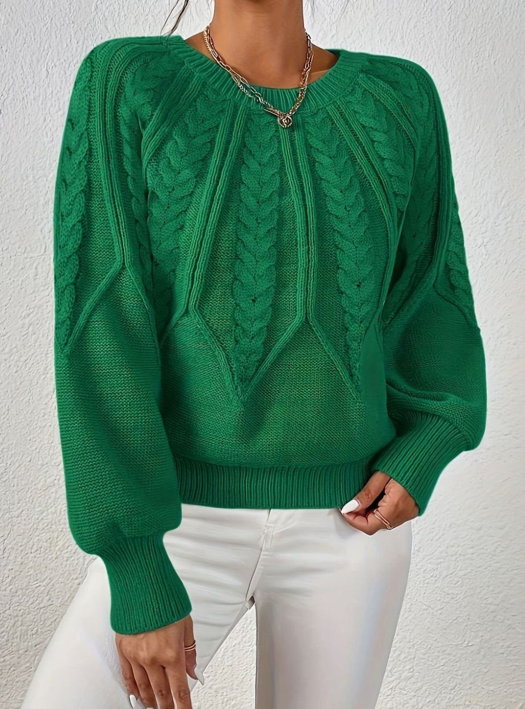 Women's Relaxed Cable-Knit Lantern Sleeve Pullover Sweater