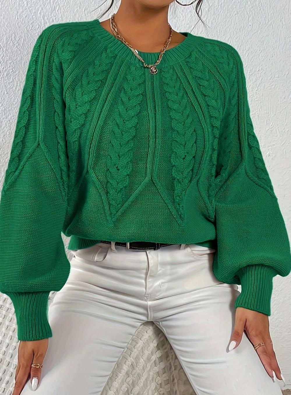Women's Relaxed Cable-Knit Lantern Sleeve Pullover Sweater