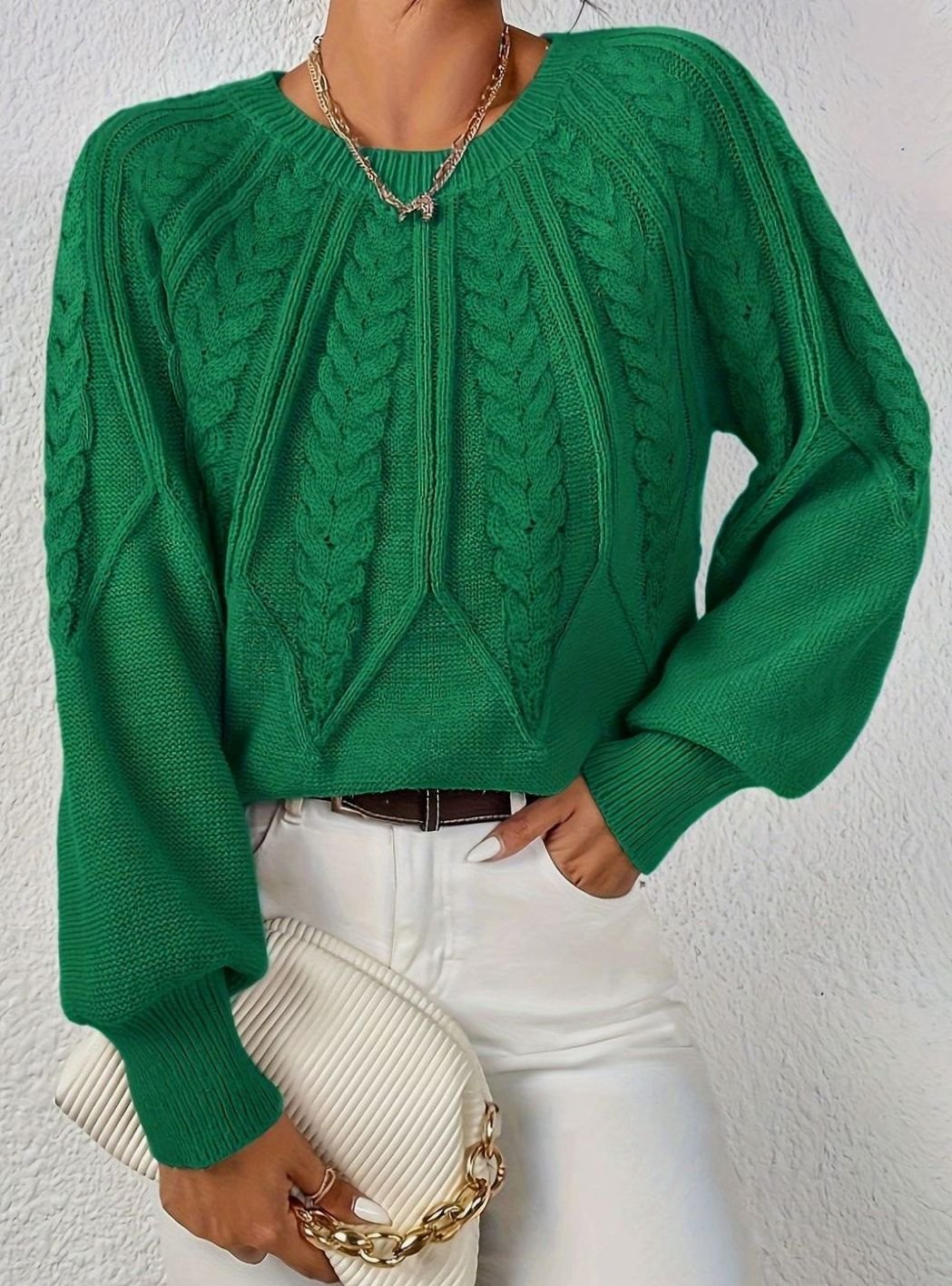 Women's Relaxed Cable-Knit Lantern Sleeve Pullover Sweater