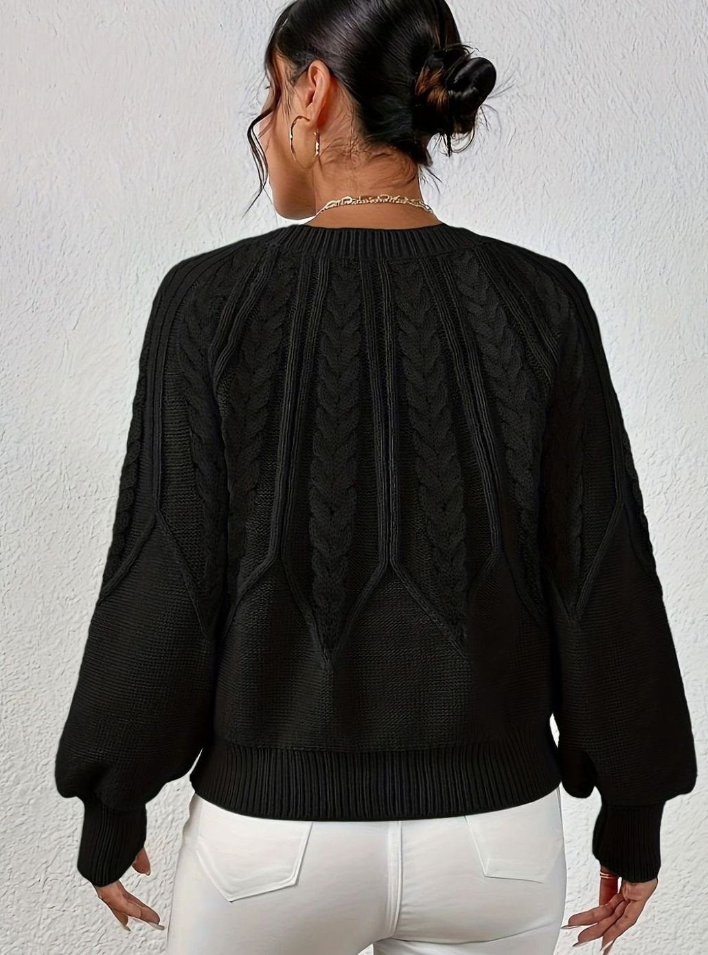 Women's Relaxed Cable-Knit Lantern Sleeve Pullover Sweater
