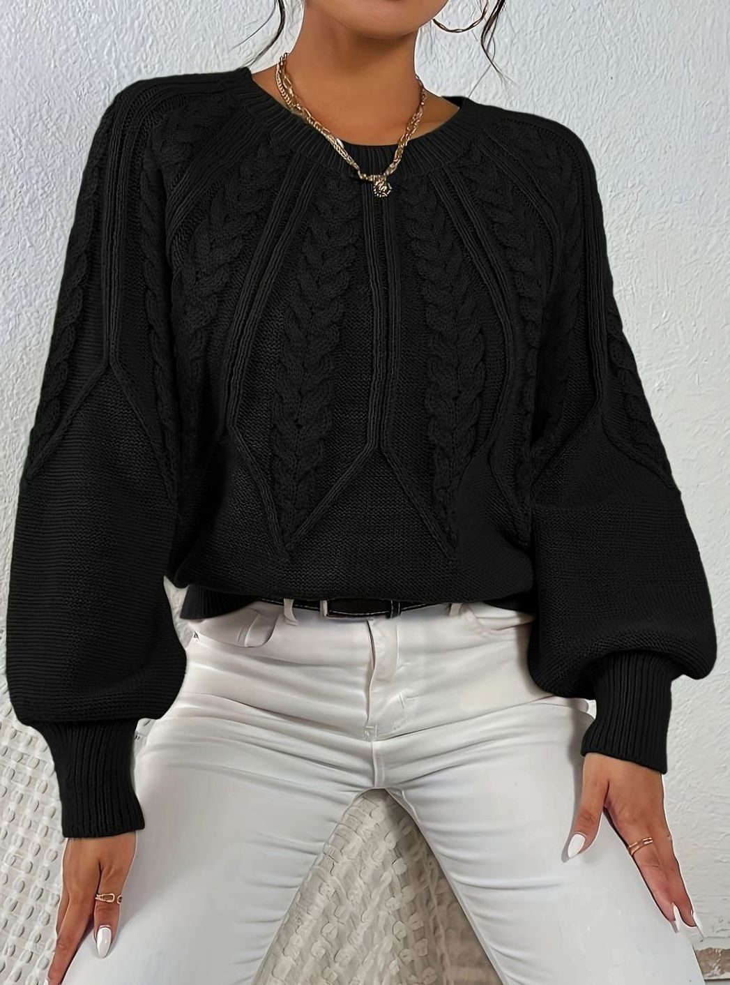 Women's Relaxed Cable-Knit Lantern Sleeve Pullover Sweater