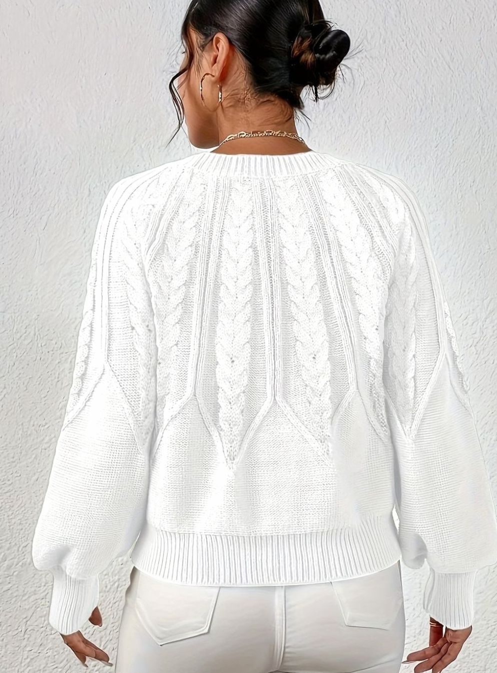 Women's Relaxed Cable-Knit Lantern Sleeve Pullover Sweater