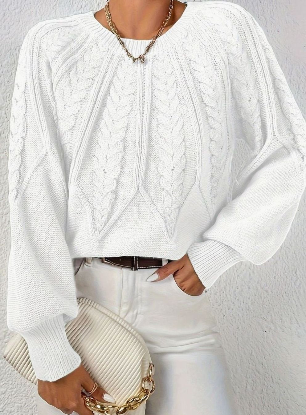 Women's Relaxed Cable-Knit Lantern Sleeve Pullover Sweater
