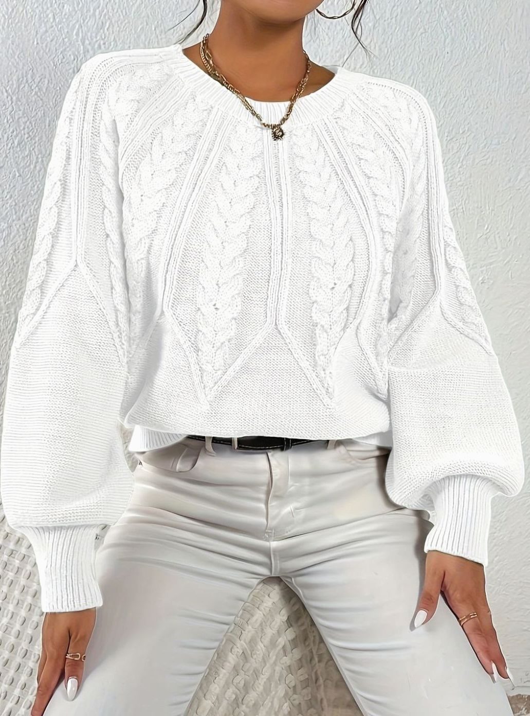 Women's Relaxed Cable-Knit Lantern Sleeve Pullover Sweater