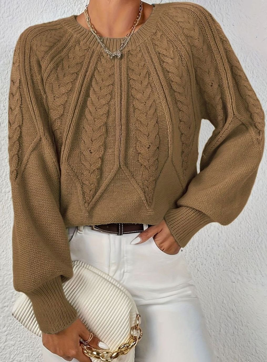 Women's Relaxed Cable-Knit Lantern Sleeve Pullover Sweater