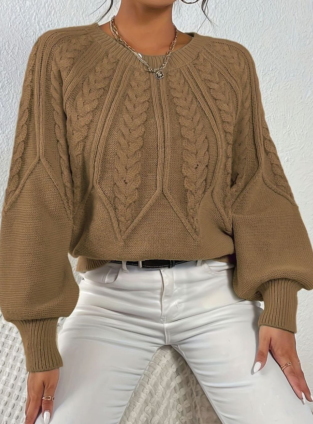 Women's Relaxed Cable-Knit Lantern Sleeve Pullover Sweater