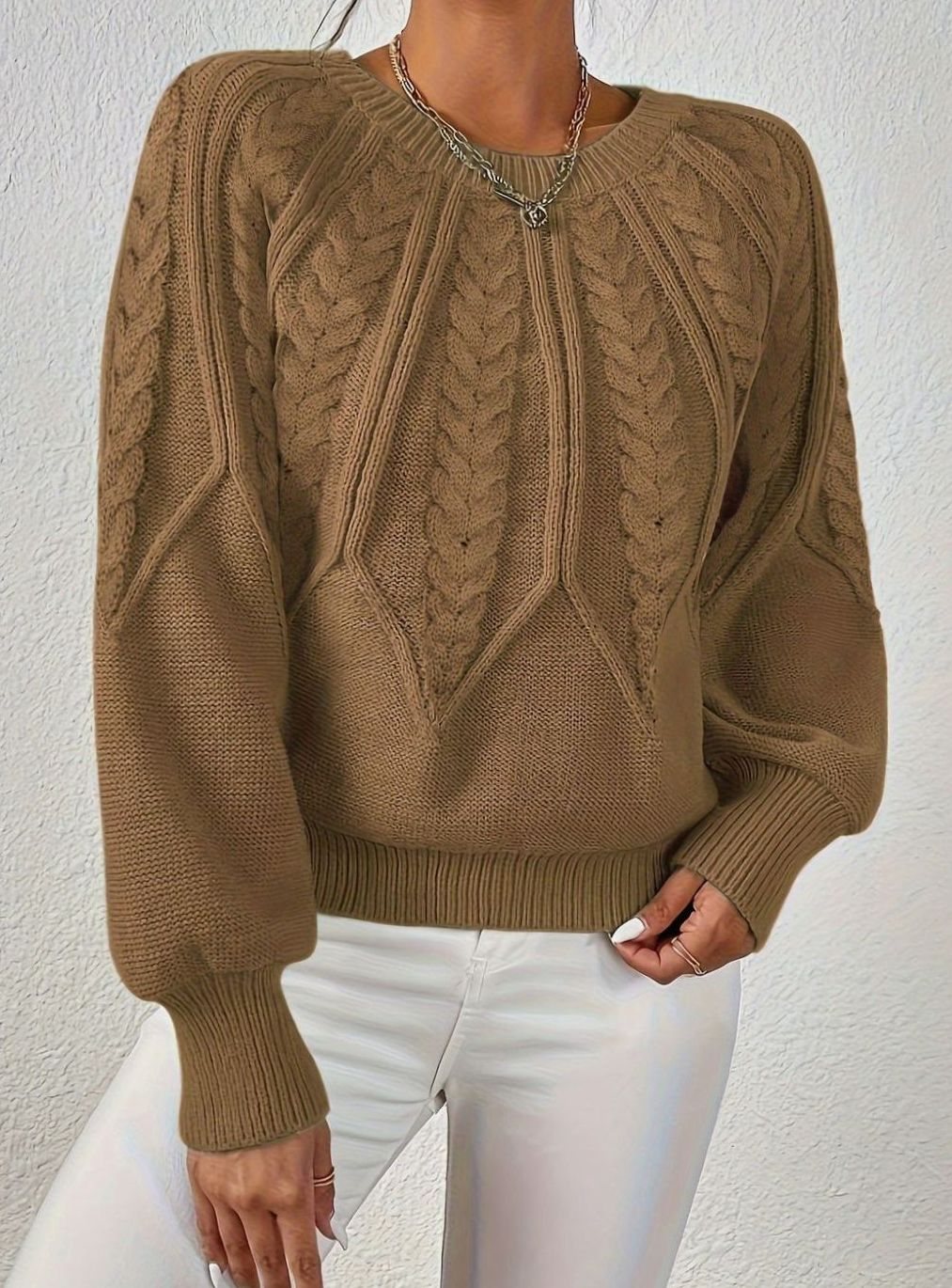 Women's Relaxed Cable-Knit Lantern Sleeve Pullover Sweater