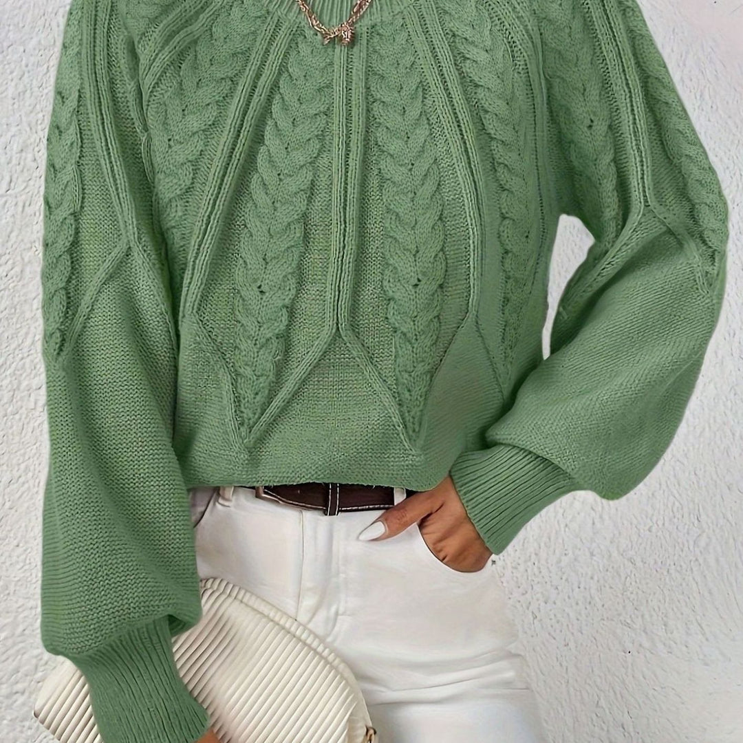 Women's Relaxed Cable-Knit Lantern Sleeve Pullover Sweater - Matcha