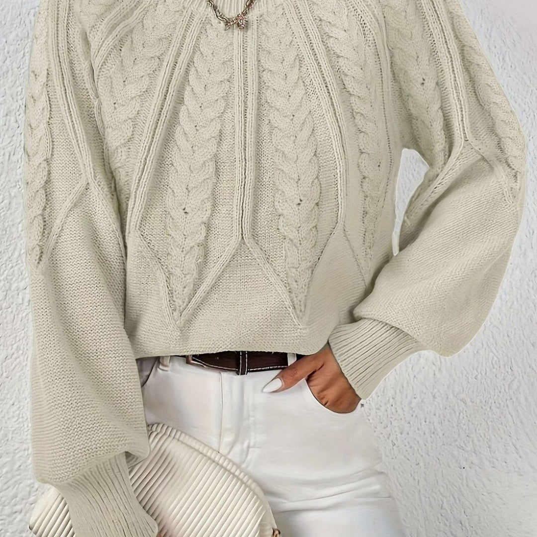Women's Relaxed Cable-Knit Lantern Sleeve Pullover Sweater - Beige
