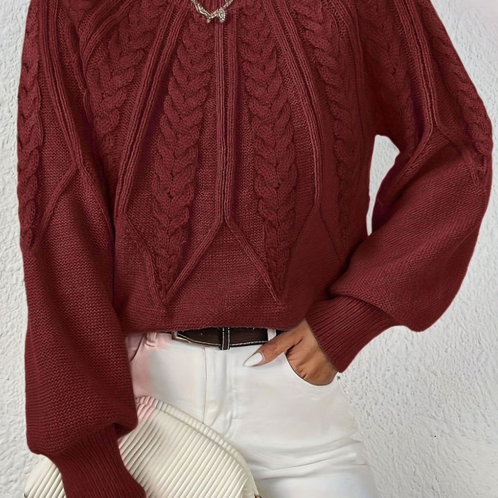 Women's Relaxed Cable-Knit Lantern Sleeve Pullover Sweater - Burgundy
