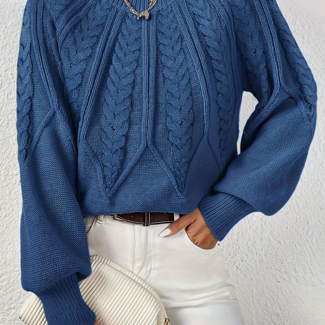 Women's Relaxed Cable-Knit Lantern Sleeve Pullover Sweater - Navy