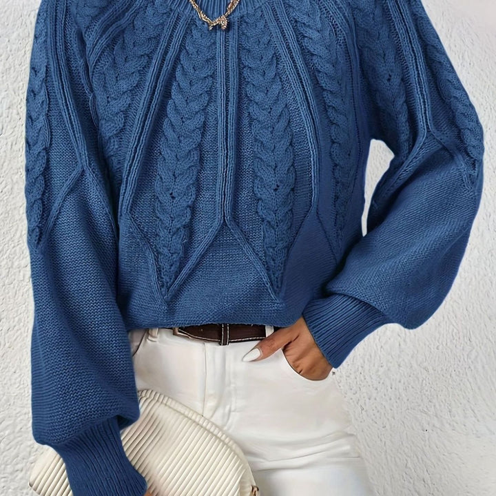 Women's Relaxed Cable-Knit Lantern Sleeve Pullover Sweater - Navy